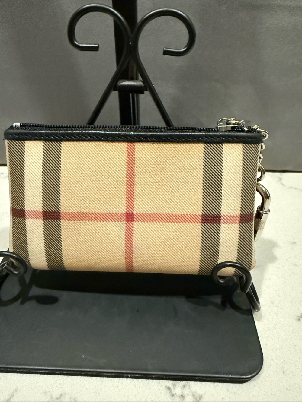 Burberry Beige and Black Plaid Zip Pouch with Red Accent